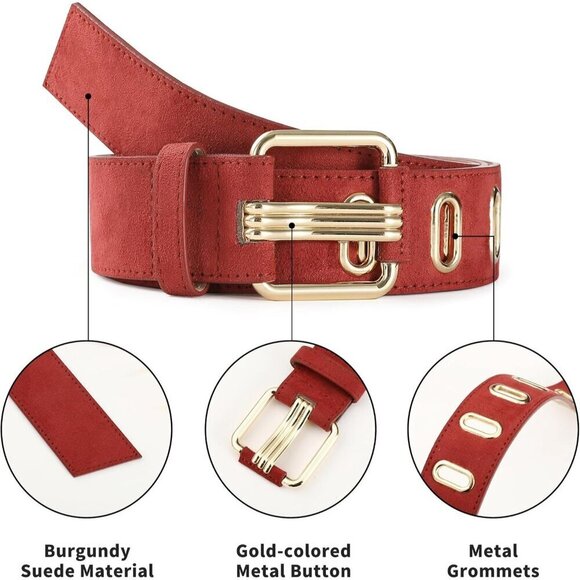 Women Leather Wide Fashion Thick Dress Belt With Gold Buckle Belt Suede Red main image 7